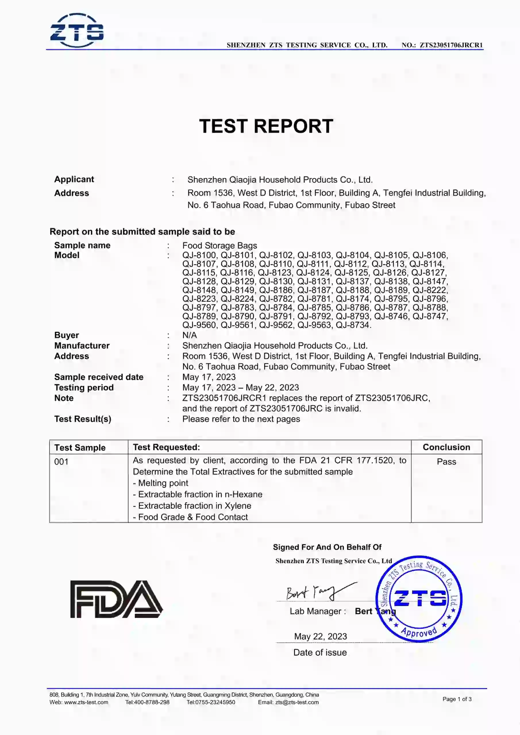 Accueil 2 Rapport d’essai de certification FDA pour Artfullife®